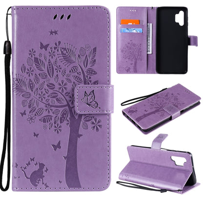 For Samsung Galaxy A32 5G Tree & Cat Pattern Pressed Printing Horizontal Flip PU Leather Case with Holder & Card Slots & Wallet & Lanyard(Lavender) by imak