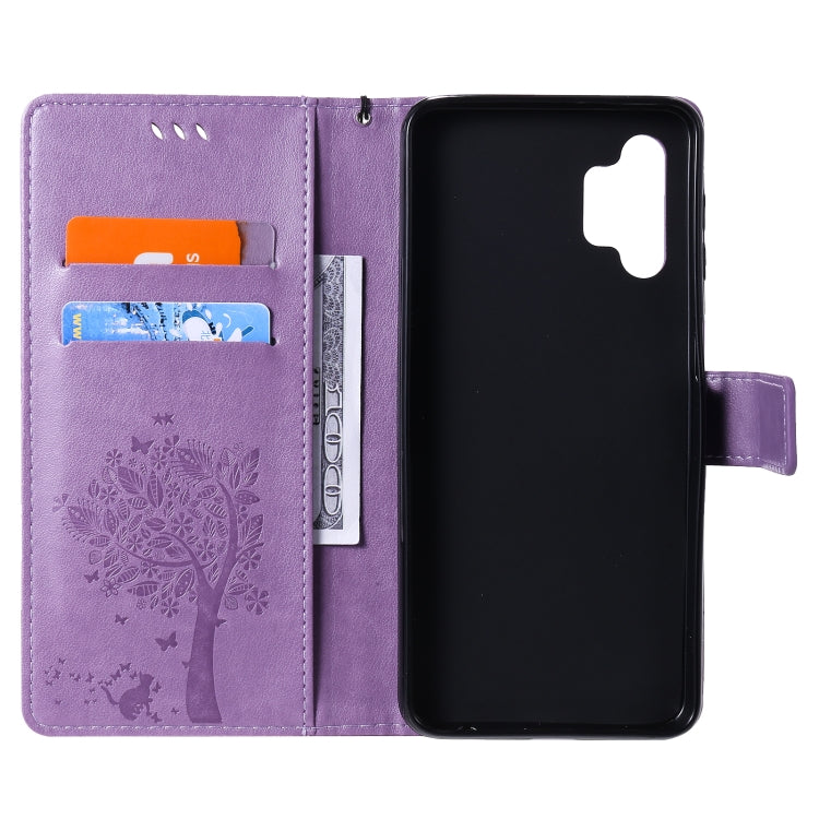 For Samsung Galaxy A32 5G Tree & Cat Pattern Pressed Printing Horizontal Flip PU Leather Case with Holder & Card Slots & Wallet & Lanyard(Lavender) by imak