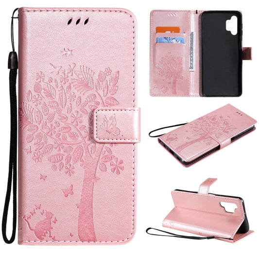 For Samsung Galaxy A32 5G Tree & Cat Pattern Pressed Printing Horizontal Flip PU Leather Case with Holder & Card Slots & Wallet & Lanyard(Rose gold) by imak