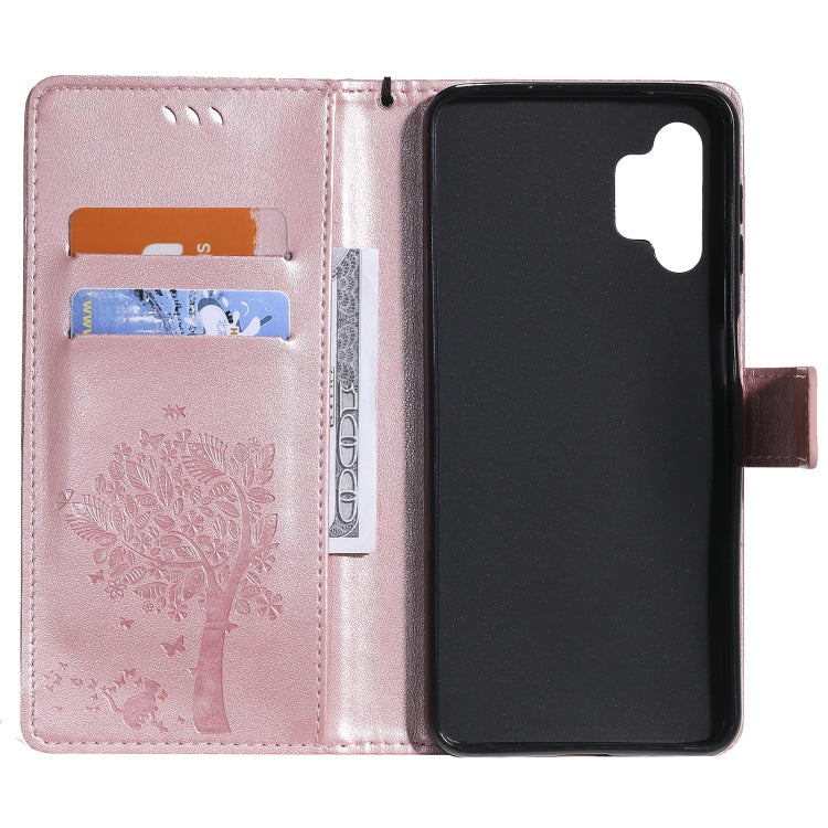 For Samsung Galaxy A32 5G Tree & Cat Pattern Pressed Printing Horizontal Flip PU Leather Case with Holder & Card Slots & Wallet & Lanyard(Rose gold) by imak