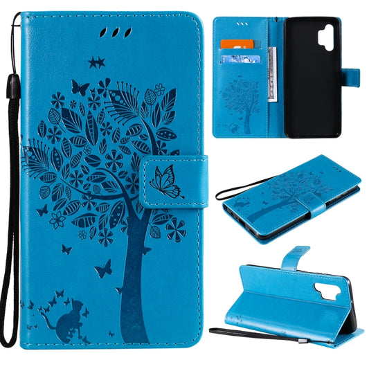 For Samsung Galaxy A32 5G Tree & Cat Pattern Pressed Printing Horizontal Flip PU Leather Case with Holder & Card Slots & Wallet & Lanyard(Blue) by imak