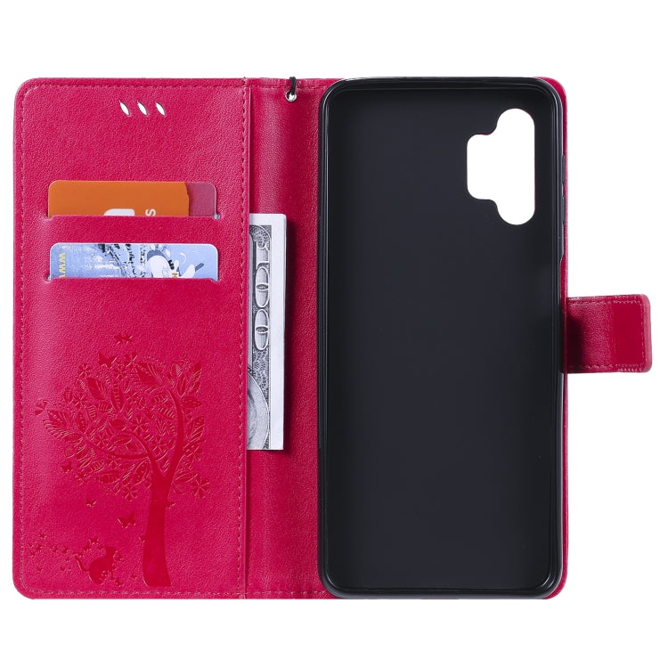 For Samsung Galaxy A32 5G Tree & Cat Pattern Pressed Printing Horizontal Flip PU Leather Case with Holder & Card Slots & Wallet & Lanyard(Rose) by imak