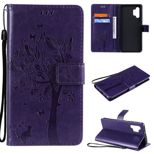 For Samsung Galaxy A32 5G Tree & Cat Pattern Pressed Printing Horizontal Flip PU Leather Case with Holder & Card Slots & Wallet & Lanyard(Purple) by imak