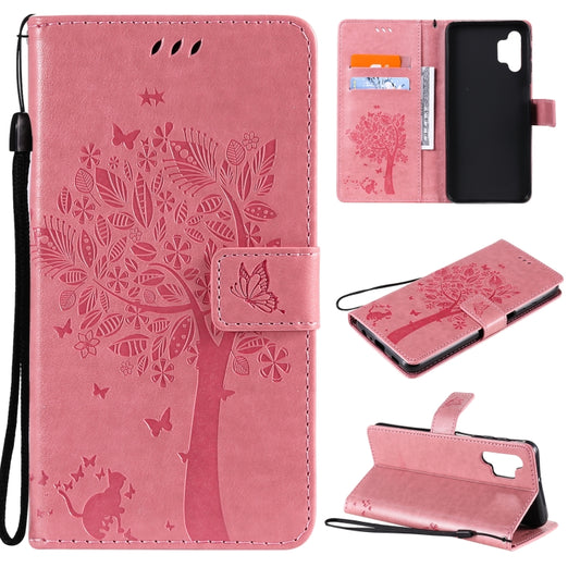 For Samsung Galaxy A32 5G Tree & Cat Pattern Pressed Printing Horizontal Flip PU Leather Case with Holder & Card Slots & Wallet & Lanyard(Pink) by imak