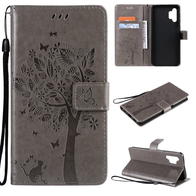 For Samsung Galaxy A32 5G Tree & Cat Pattern Pressed Printing Horizontal Flip PU Leather Case with Holder & Card Slots & Wallet & Lanyard(Gray) by imak