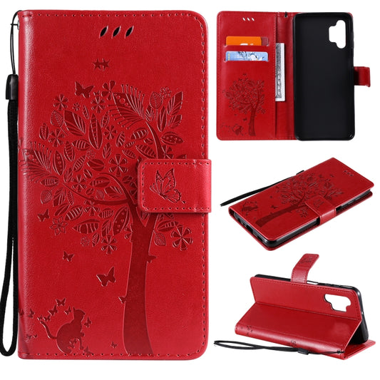For Samsung Galaxy A32 5G Tree & Cat Pattern Pressed Printing Horizontal Flip PU Leather Case with Holder & Card Slots & Wallet & Lanyard(Red) by imak