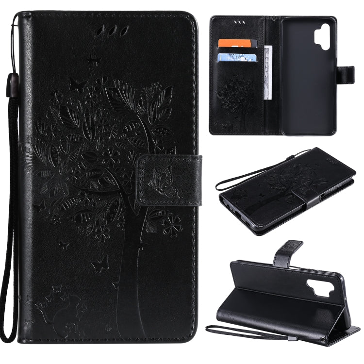For Samsung Galaxy A32 5G Tree & Cat Pattern Pressed Printing Horizontal Flip PU Leather Case with Holder & Card Slots & Wallet & Lanyard(Black) by imak