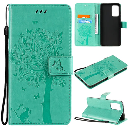 For Samsung Galaxy A52 5G Tree & Cat Pattern Pressed Printing Horizontal Flip PU Leather Case with Holder & Card Slots & Wallet & Lanyard(Green) by buy2fix