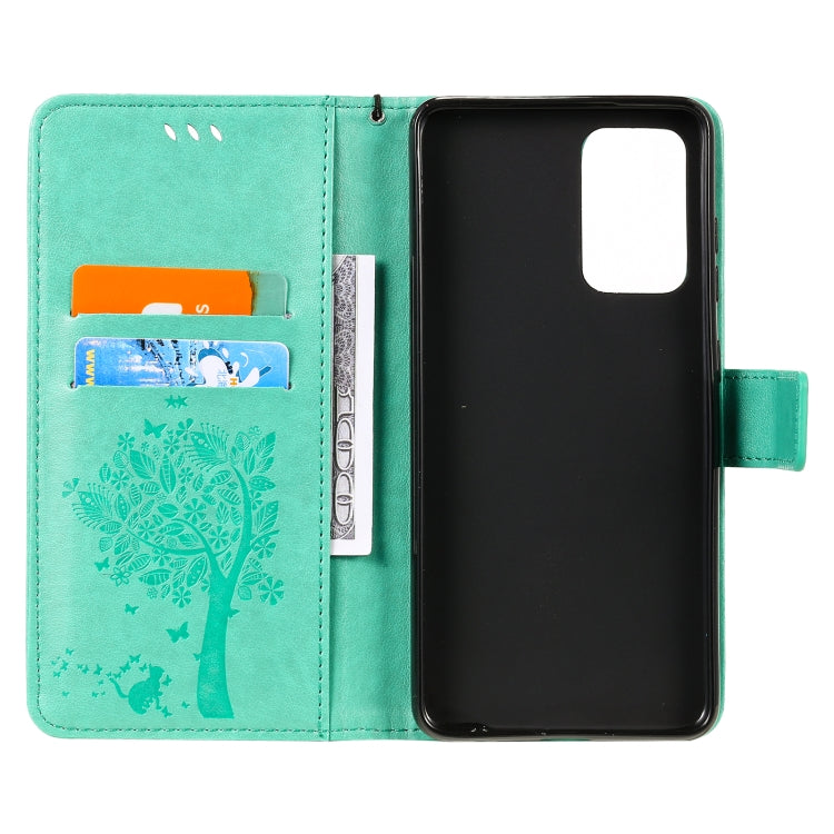 For Samsung Galaxy A52 5G Tree & Cat Pattern Pressed Printing Horizontal Flip PU Leather Case with Holder & Card Slots & Wallet & Lanyard(Green) by buy2fix