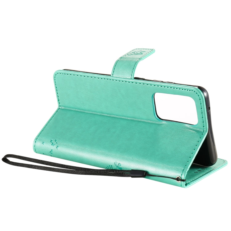 For Samsung Galaxy A52 5G Tree & Cat Pattern Pressed Printing Horizontal Flip PU Leather Case with Holder & Card Slots & Wallet & Lanyard(Green) by buy2fix