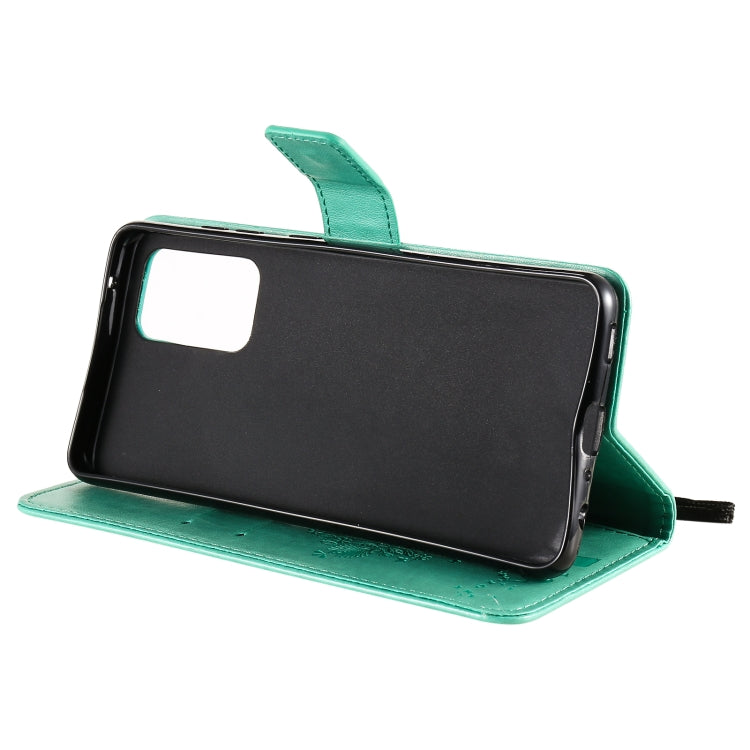 For Samsung Galaxy A52 5G Tree & Cat Pattern Pressed Printing Horizontal Flip PU Leather Case with Holder & Card Slots & Wallet & Lanyard(Green) by buy2fix
