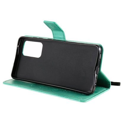 For Samsung Galaxy A52 5G Tree & Cat Pattern Pressed Printing Horizontal Flip PU Leather Case with Holder & Card Slots & Wallet & Lanyard(Green) by buy2fix