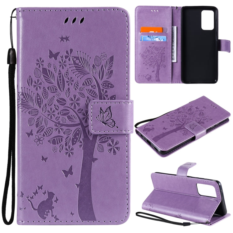For Samsung Galaxy A52 5G Tree & Cat Pattern Pressed Printing Horizontal Flip PU Leather Case with Holder & Card Slots & Wallet & Lanyard(Lavender) by buy2fix