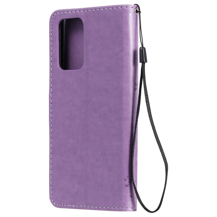 For Samsung Galaxy A52 5G Tree & Cat Pattern Pressed Printing Horizontal Flip PU Leather Case with Holder & Card Slots & Wallet & Lanyard(Lavender) by buy2fix