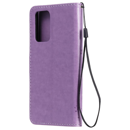 For Samsung Galaxy A52 5G Tree & Cat Pattern Pressed Printing Horizontal Flip PU Leather Case with Holder & Card Slots & Wallet & Lanyard(Lavender) by buy2fix