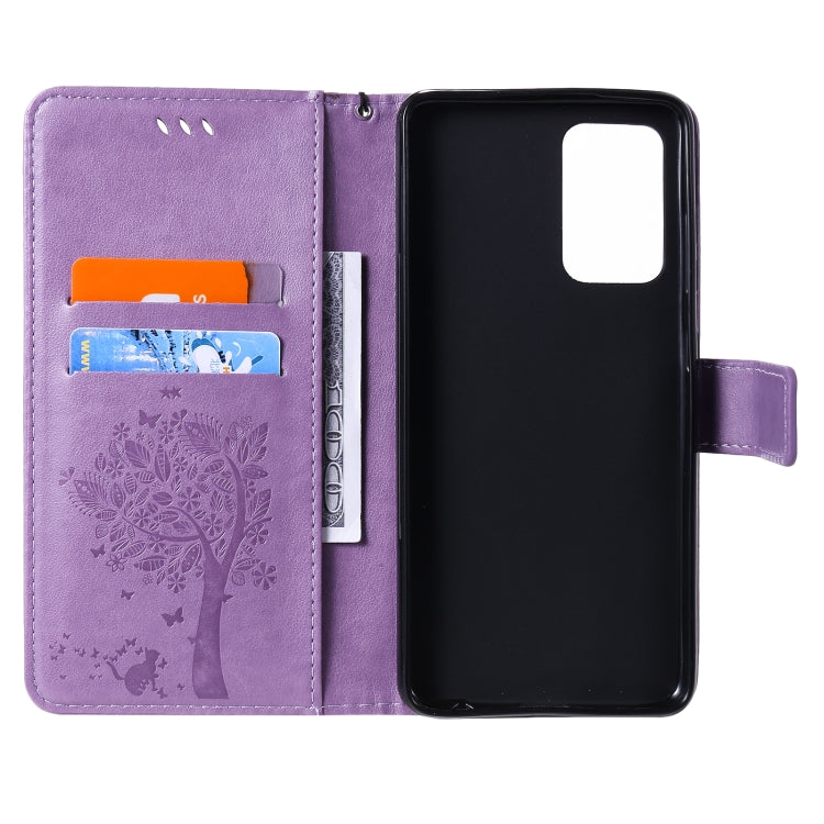 For Samsung Galaxy A52 5G Tree & Cat Pattern Pressed Printing Horizontal Flip PU Leather Case with Holder & Card Slots & Wallet & Lanyard(Lavender) by buy2fix