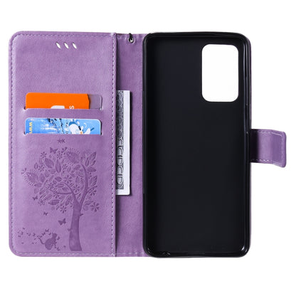 For Samsung Galaxy A52 5G Tree & Cat Pattern Pressed Printing Horizontal Flip PU Leather Case with Holder & Card Slots & Wallet & Lanyard(Lavender) by buy2fix