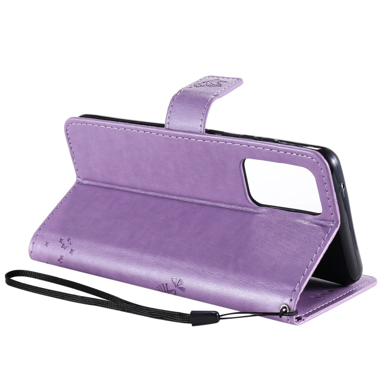 For Samsung Galaxy A52 5G Tree & Cat Pattern Pressed Printing Horizontal Flip PU Leather Case with Holder & Card Slots & Wallet & Lanyard(Lavender) by buy2fix