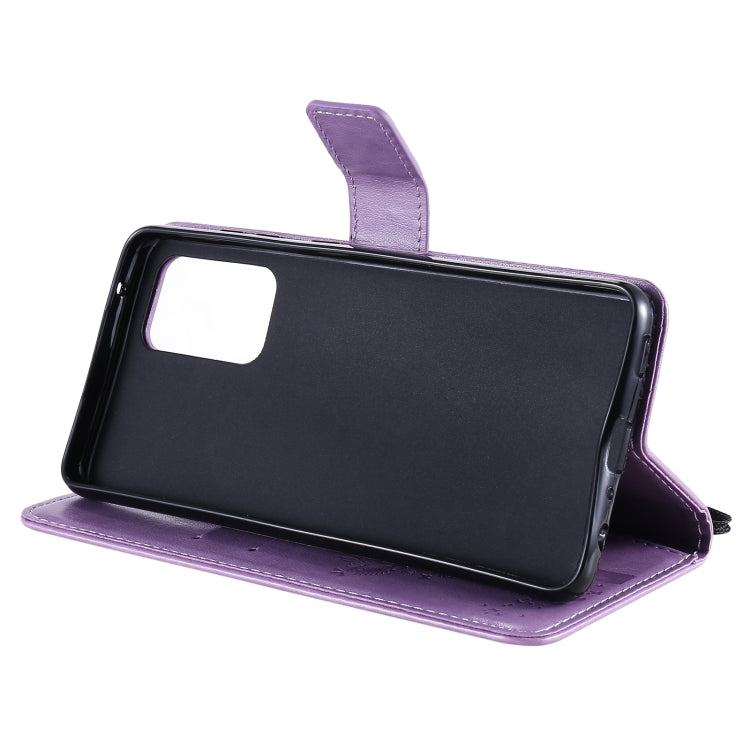 For Samsung Galaxy A52 5G Tree & Cat Pattern Pressed Printing Horizontal Flip PU Leather Case with Holder & Card Slots & Wallet & Lanyard(Lavender) by buy2fix