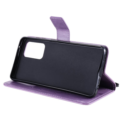 For Samsung Galaxy A52 5G Tree & Cat Pattern Pressed Printing Horizontal Flip PU Leather Case with Holder & Card Slots & Wallet & Lanyard(Lavender) by buy2fix