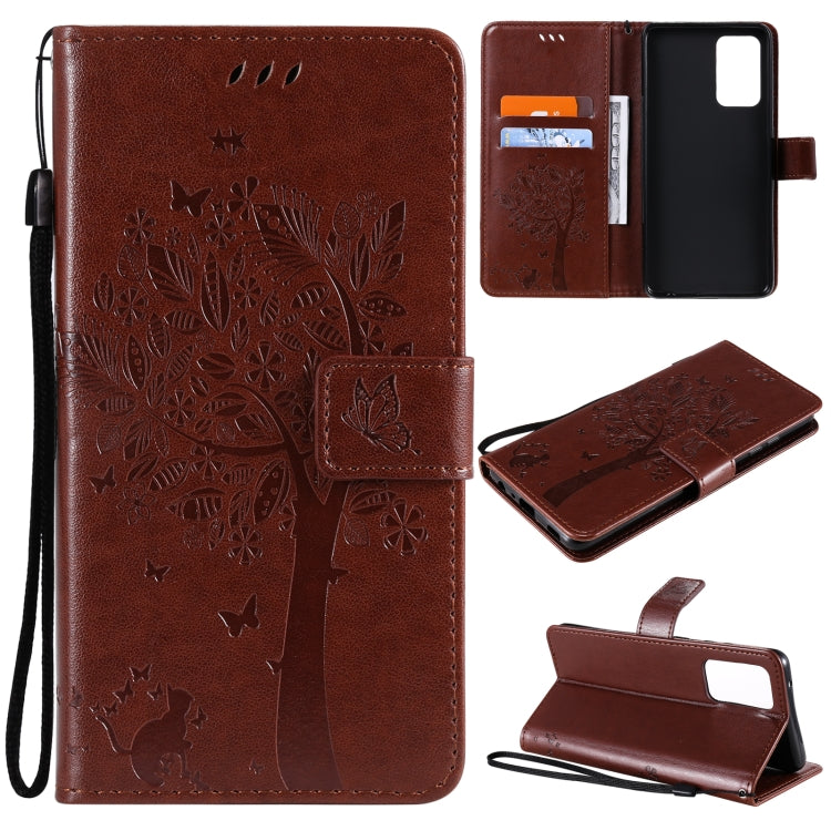 For Samsung Galaxy A52 5G Tree & Cat Pattern Pressed Printing Horizontal Flip PU Leather Case with Holder & Card Slots & Wallet & Lanyard(Coffee) by buy2fix