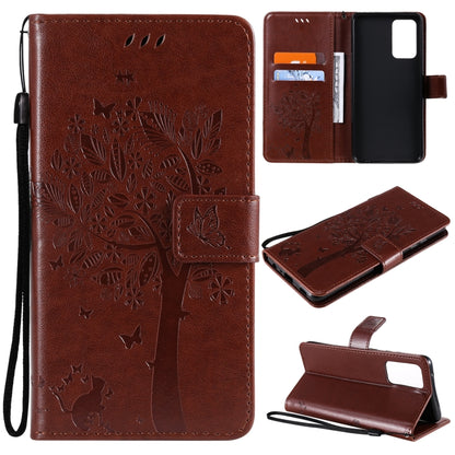 For Samsung Galaxy A52 5G Tree & Cat Pattern Pressed Printing Horizontal Flip PU Leather Case with Holder & Card Slots & Wallet & Lanyard(Coffee) by buy2fix