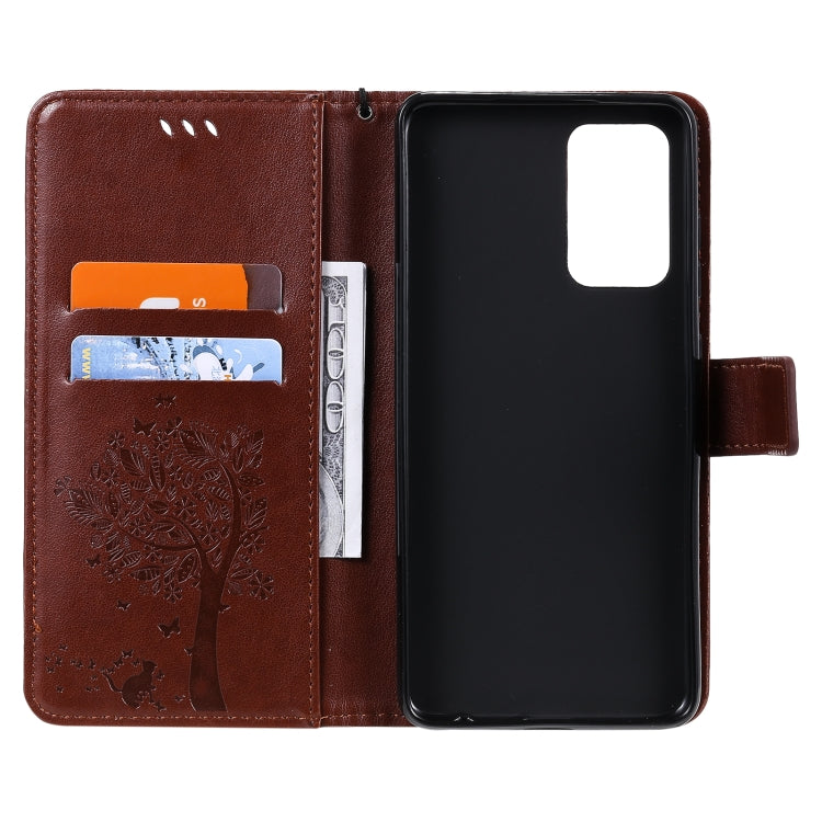 For Samsung Galaxy A52 5G Tree & Cat Pattern Pressed Printing Horizontal Flip PU Leather Case with Holder & Card Slots & Wallet & Lanyard(Coffee) by buy2fix