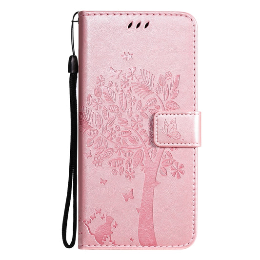 For Samsung Galaxy A52 5G Tree & Cat Pattern Pressed Printing Horizontal Flip PU Leather Case with Holder & Card Slots & Wallet & Lanyard(Rose gold) by buy2fix