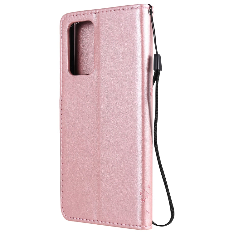 For Samsung Galaxy A52 5G Tree & Cat Pattern Pressed Printing Horizontal Flip PU Leather Case with Holder & Card Slots & Wallet & Lanyard(Rose gold) by buy2fix