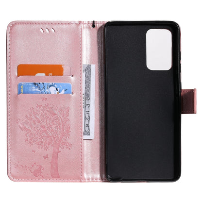 For Samsung Galaxy A52 5G Tree & Cat Pattern Pressed Printing Horizontal Flip PU Leather Case with Holder & Card Slots & Wallet & Lanyard(Rose gold) by buy2fix