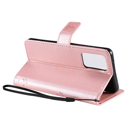 For Samsung Galaxy A52 5G Tree & Cat Pattern Pressed Printing Horizontal Flip PU Leather Case with Holder & Card Slots & Wallet & Lanyard(Rose gold) by buy2fix