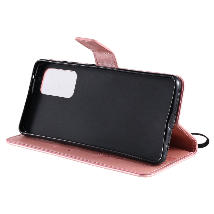For Samsung Galaxy A52 5G Tree & Cat Pattern Pressed Printing Horizontal Flip PU Leather Case with Holder & Card Slots & Wallet & Lanyard(Rose gold) by buy2fix