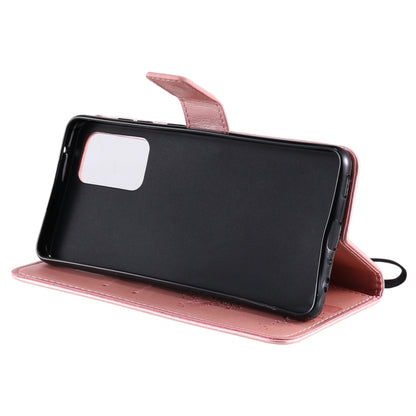 For Samsung Galaxy A52 5G Tree & Cat Pattern Pressed Printing Horizontal Flip PU Leather Case with Holder & Card Slots & Wallet & Lanyard(Rose gold) by buy2fix
