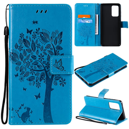 For Samsung Galaxy A52 5G Tree & Cat Pattern Pressed Printing Horizontal Flip PU Leather Case with Holder & Card Slots & Wallet & Lanyard(Blue) by buy2fix