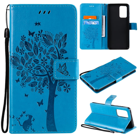 For Samsung Galaxy A52 5G Tree & Cat Pattern Pressed Printing Horizontal Flip PU Leather Case with Holder & Card Slots & Wallet & Lanyard(Blue) by buy2fix