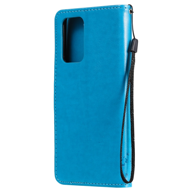 For Samsung Galaxy A52 5G Tree & Cat Pattern Pressed Printing Horizontal Flip PU Leather Case with Holder & Card Slots & Wallet & Lanyard(Blue) by buy2fix