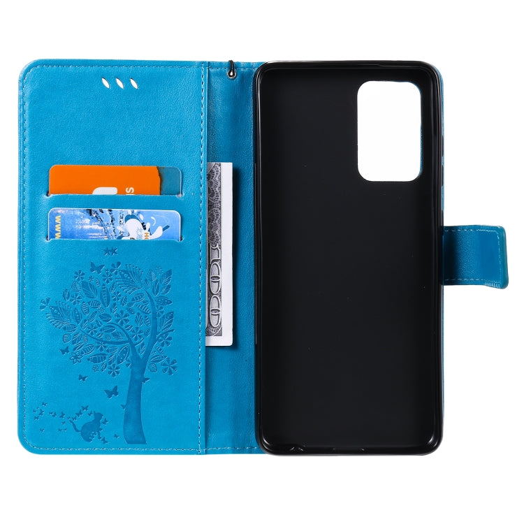 For Samsung Galaxy A52 5G Tree & Cat Pattern Pressed Printing Horizontal Flip PU Leather Case with Holder & Card Slots & Wallet & Lanyard(Blue) by buy2fix