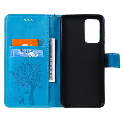 For Samsung Galaxy A52 5G Tree & Cat Pattern Pressed Printing Horizontal Flip PU Leather Case with Holder & Card Slots & Wallet & Lanyard(Blue) by buy2fix