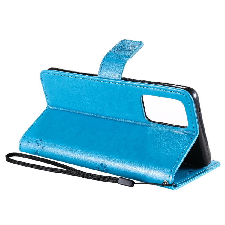 For Samsung Galaxy A52 5G Tree & Cat Pattern Pressed Printing Horizontal Flip PU Leather Case with Holder & Card Slots & Wallet & Lanyard(Blue) by buy2fix