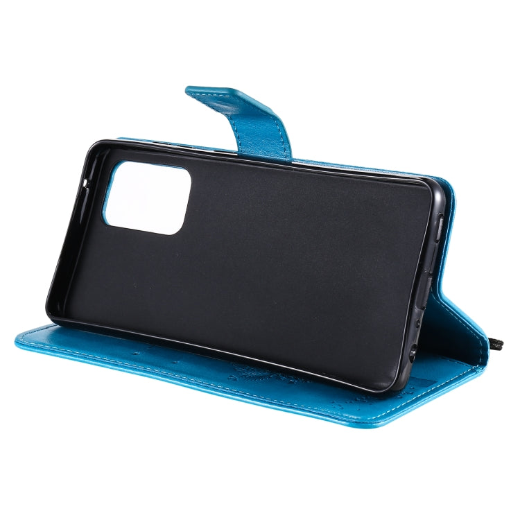 For Samsung Galaxy A52 5G Tree & Cat Pattern Pressed Printing Horizontal Flip PU Leather Case with Holder & Card Slots & Wallet & Lanyard(Blue) by buy2fix