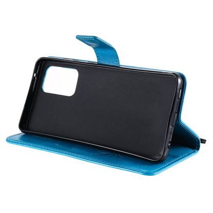 For Samsung Galaxy A52 5G Tree & Cat Pattern Pressed Printing Horizontal Flip PU Leather Case with Holder & Card Slots & Wallet & Lanyard(Blue) by buy2fix