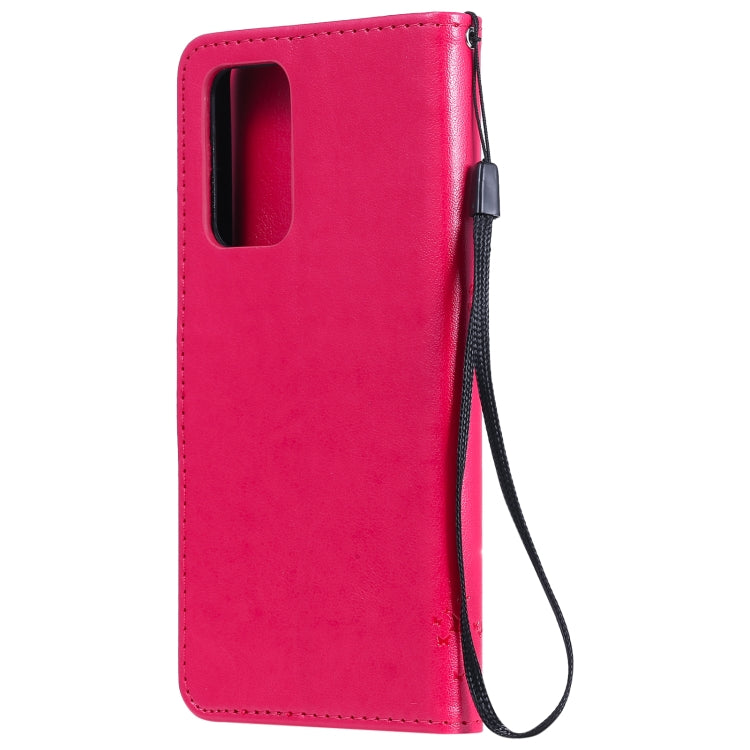 For Samsung Galaxy A52 5G Tree & Cat Pattern Pressed Printing Horizontal Flip PU Leather Case with Holder & Card Slots & Wallet & Lanyard(Rose) by buy2fix