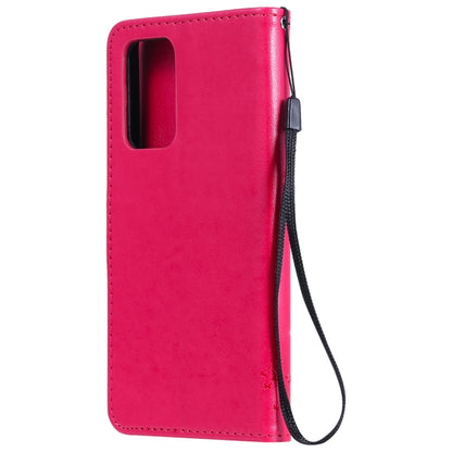 For Samsung Galaxy A52 5G Tree & Cat Pattern Pressed Printing Horizontal Flip PU Leather Case with Holder & Card Slots & Wallet & Lanyard(Rose) by buy2fix