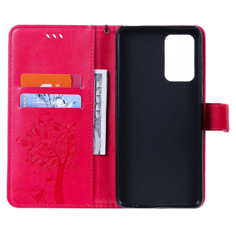 For Samsung Galaxy A52 5G Tree & Cat Pattern Pressed Printing Horizontal Flip PU Leather Case with Holder & Card Slots & Wallet & Lanyard(Rose) by buy2fix