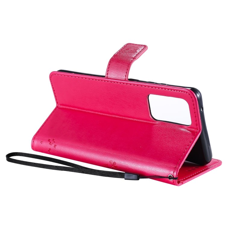 For Samsung Galaxy A52 5G Tree & Cat Pattern Pressed Printing Horizontal Flip PU Leather Case with Holder & Card Slots & Wallet & Lanyard(Rose) by buy2fix