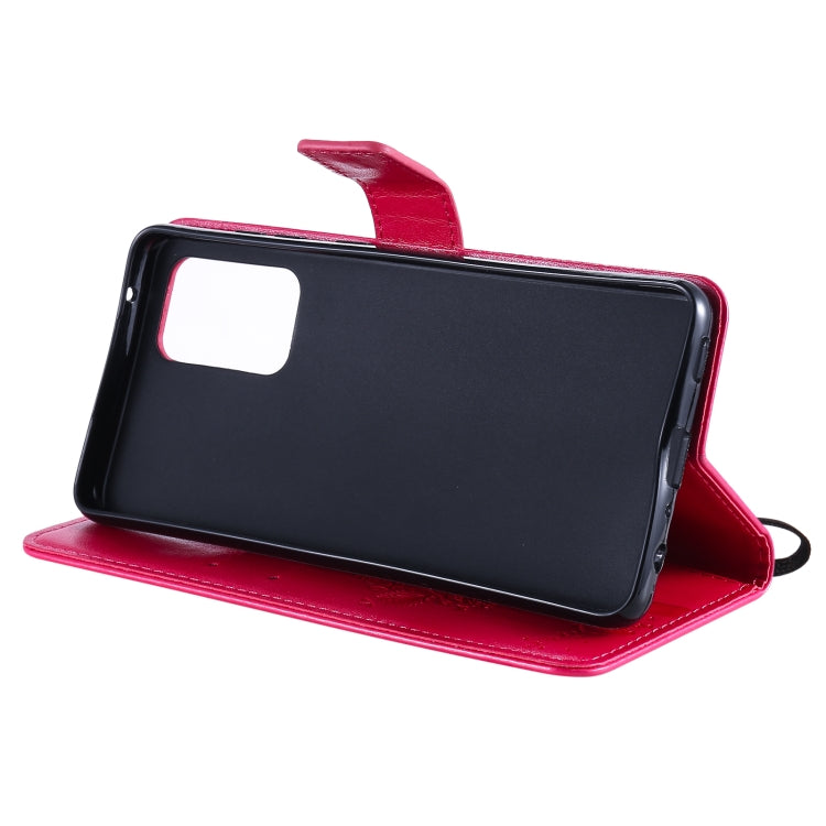 For Samsung Galaxy A52 5G Tree & Cat Pattern Pressed Printing Horizontal Flip PU Leather Case with Holder & Card Slots & Wallet & Lanyard(Rose) by buy2fix