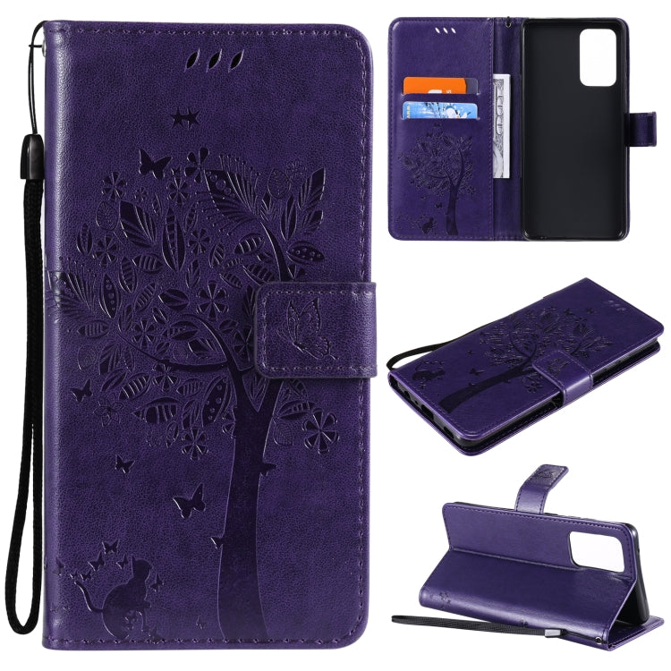 For Samsung Galaxy A52 5G Tree & Cat Pattern Pressed Printing Horizontal Flip PU Leather Case with Holder & Card Slots & Wallet & Lanyard(Purple) by buy2fix