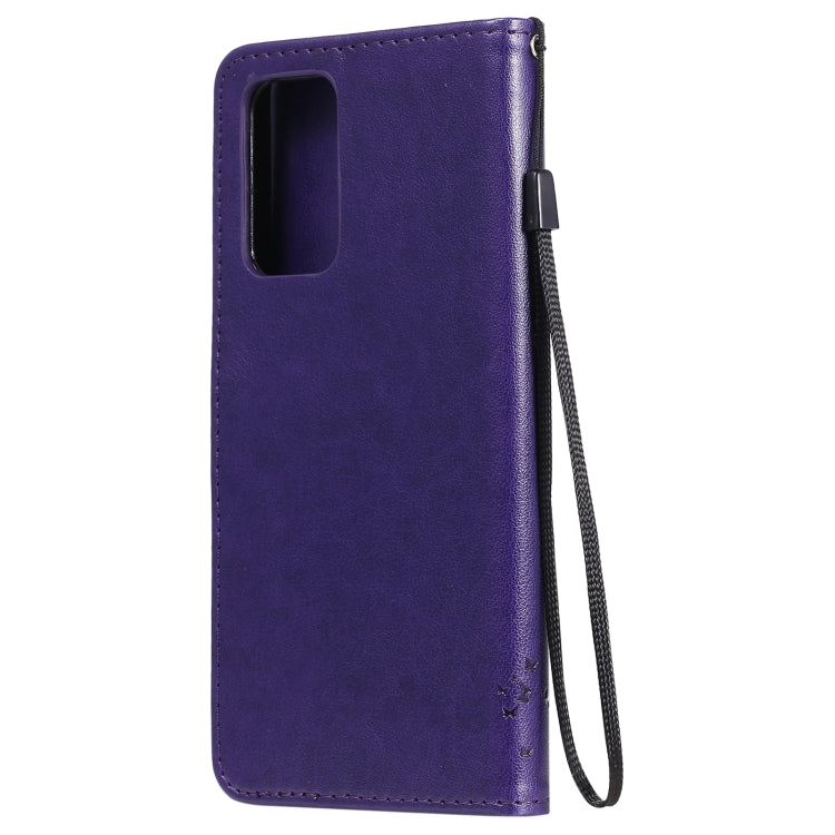 For Samsung Galaxy A52 5G Tree & Cat Pattern Pressed Printing Horizontal Flip PU Leather Case with Holder & Card Slots & Wallet & Lanyard(Purple) by buy2fix