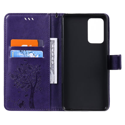 For Samsung Galaxy A52 5G Tree & Cat Pattern Pressed Printing Horizontal Flip PU Leather Case with Holder & Card Slots & Wallet & Lanyard(Purple) by buy2fix