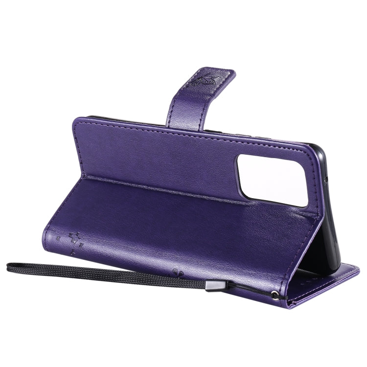 For Samsung Galaxy A52 5G Tree & Cat Pattern Pressed Printing Horizontal Flip PU Leather Case with Holder & Card Slots & Wallet & Lanyard(Purple) by buy2fix